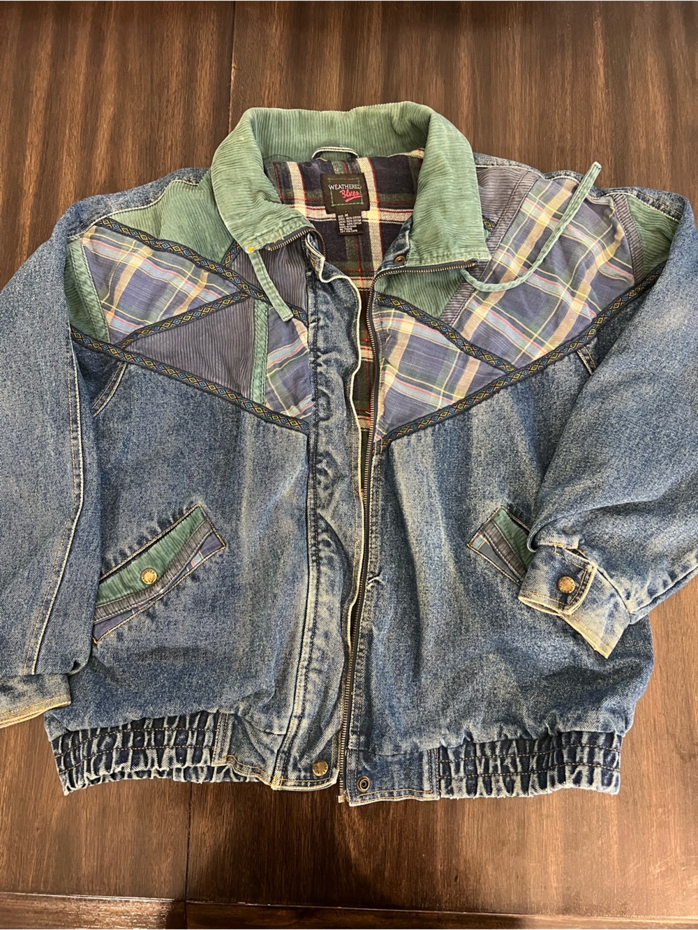 Vintage Blue Denim Bomber Jacket with Green Corduroy Trim
